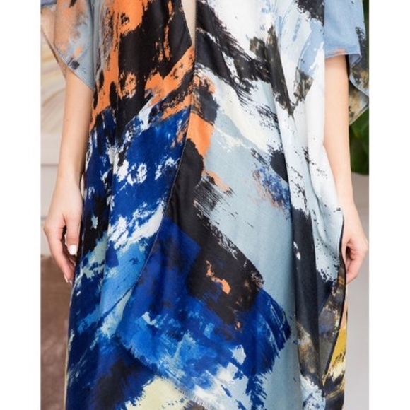 Riah Fashion blue distressed paint splatter open front layering kimono shawl - Picture 4 of 15